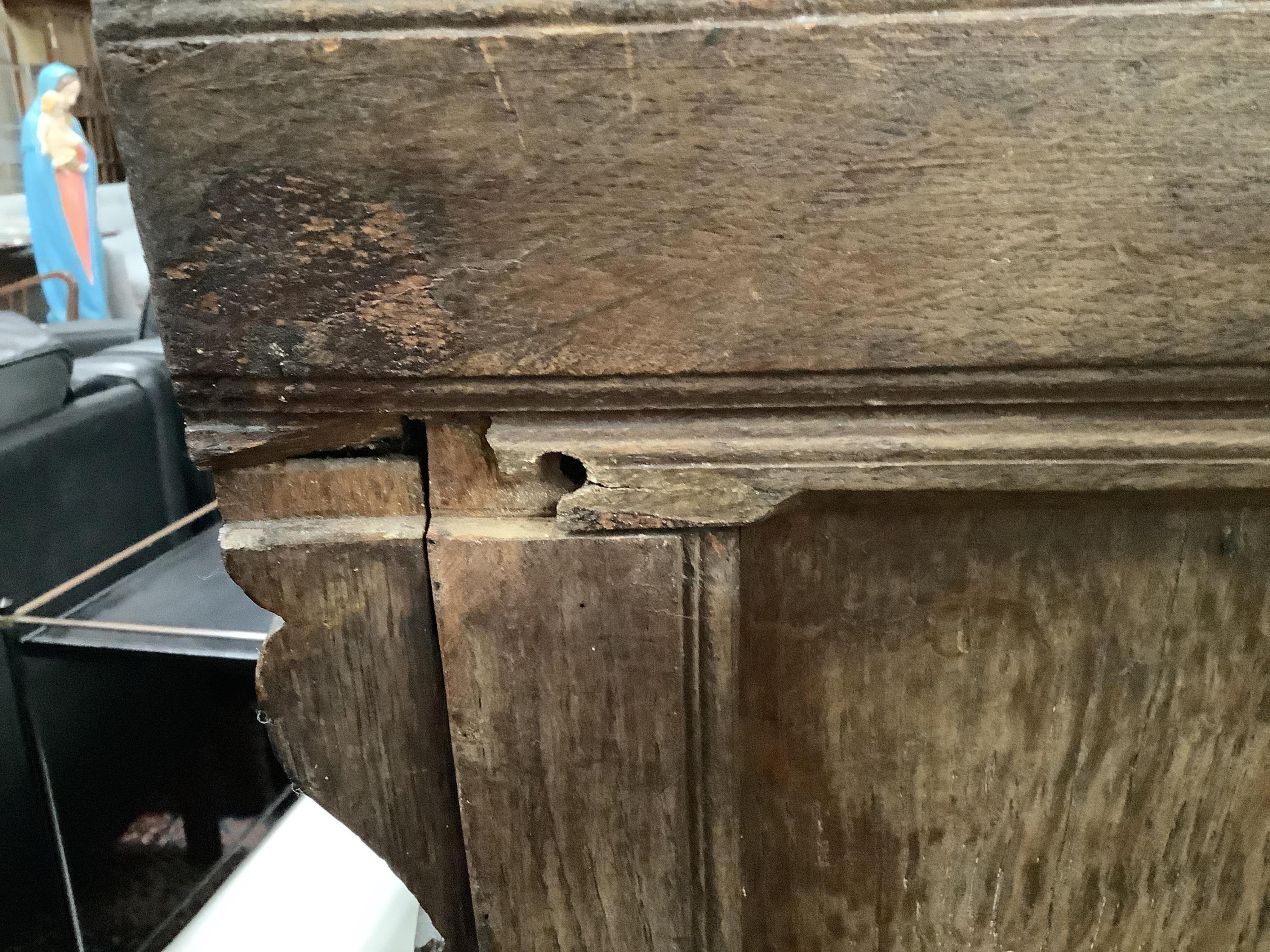 A 17th century oak wainscot type chair, width 61cm, depth 49cm, height 110cm. Condition - fair